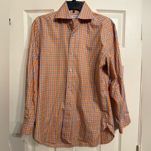 Kiton Orange Check Spread Collar Cotton Dress Shirt SzS NWOT